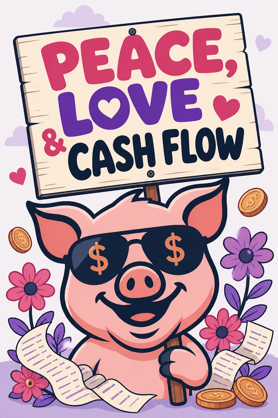PiggyPank Peace, Love and Cash Flow protest placard