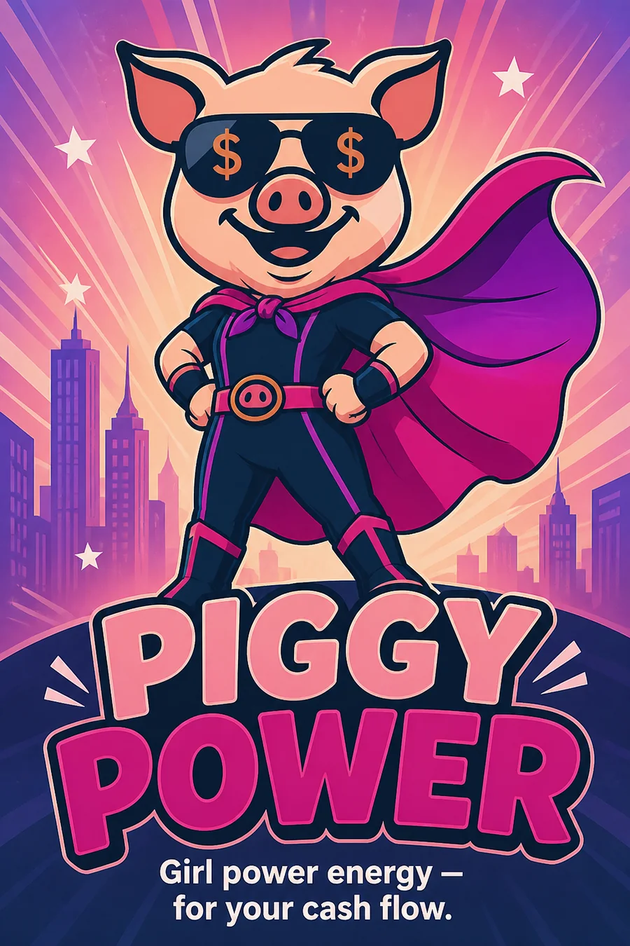 PiggyPower cash-flow superhero poster